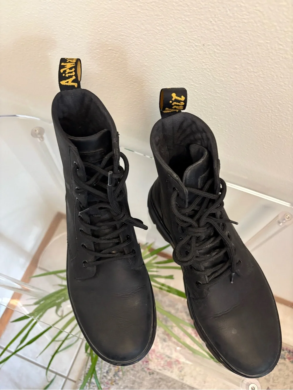 Dr. Martens Black Leather Lace-Up Platform Combat Boots with Yellow Stitching